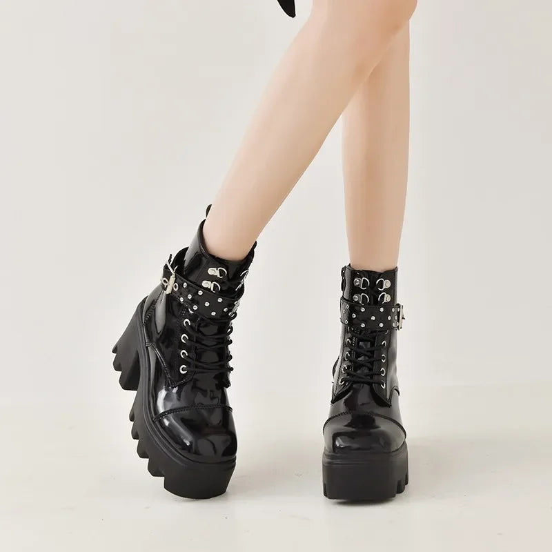 Women's Platform Gothic Ankle Boots – Buckle Chain Wedge Gothic Platform Boots Axl
