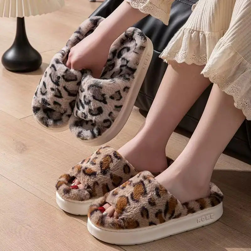 Leopard Plush Winter Slippers – Non-Slip Cozy House Shoes Plush Winter Slippers Axl