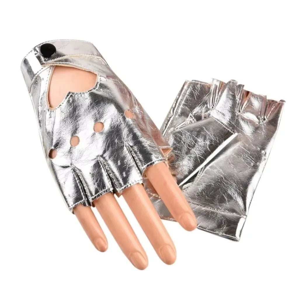 Y2K Punk PU Leather Fingerless Gloves | Heart Hollow Half Finger Fingerless Fashion Gloves Axl Silver