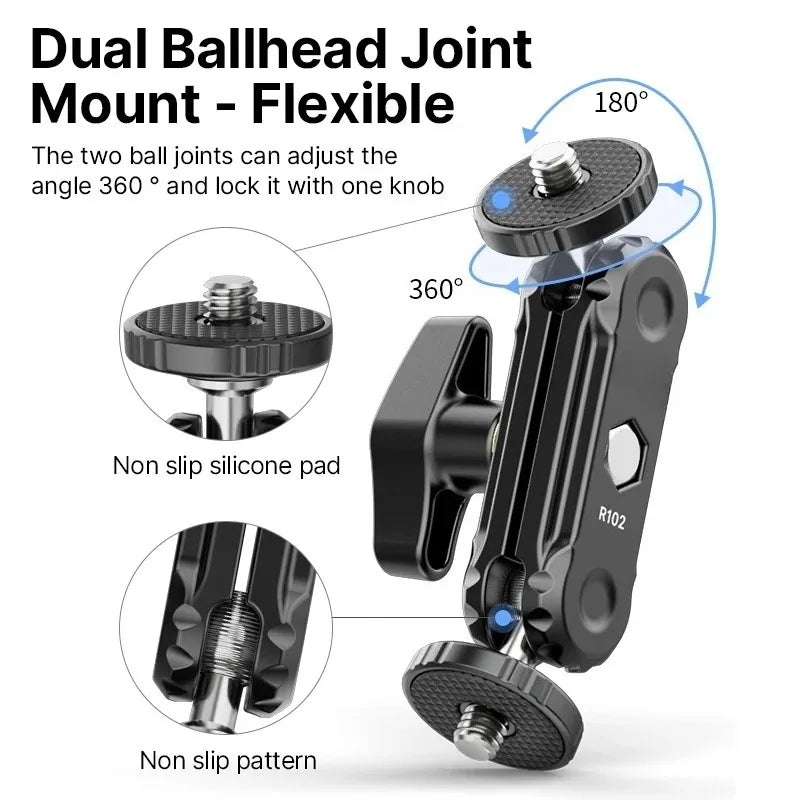 R102 Metal Magic Arm Double Ball Head 360° 1/4" Camera Mount Camera Magic Arm Axl