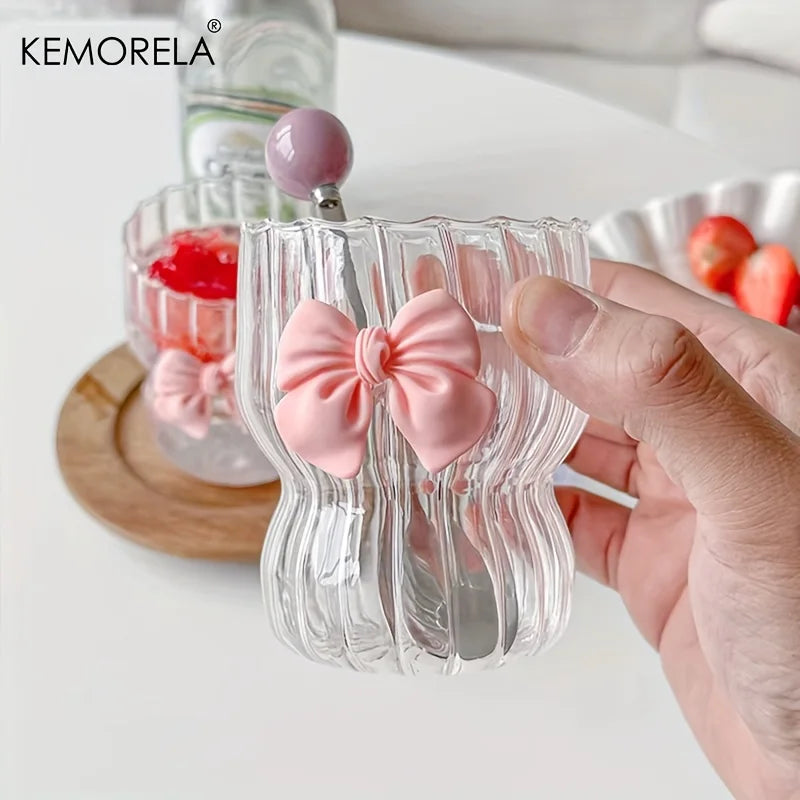 KEMORELA Bow Vintage Ripple Glass Cups 350ml – Set of 2/4/6 Glass Drinkware Set Axl