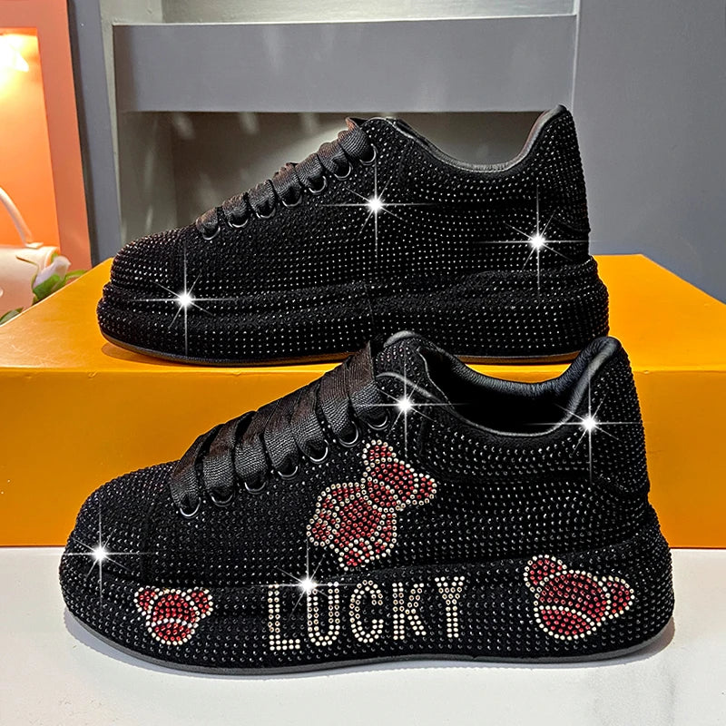 Women's Rhinestone Platform Sneakers – Glam Lace-Up Trainers Platform Sneakers Axl