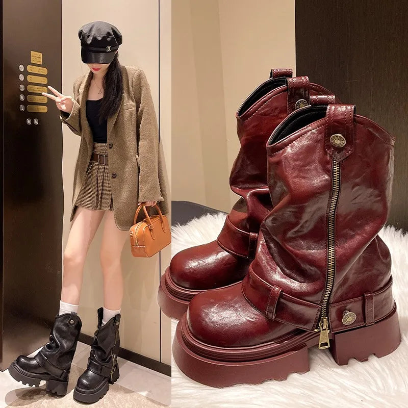 Women's Zip Block Heel Mid-Calf Platform Boots | Round Toe Mid-Calf Boots Axl
