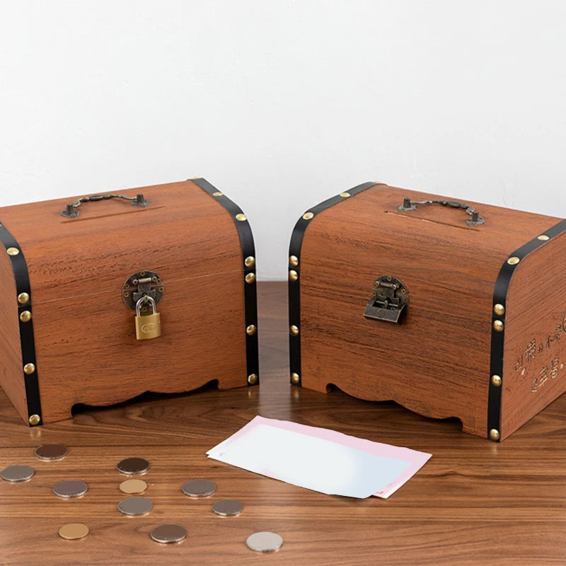 Vintage Wooden Treasure Chest with Lock | Piggy Bank & Decor Decorative Storage Box Axl