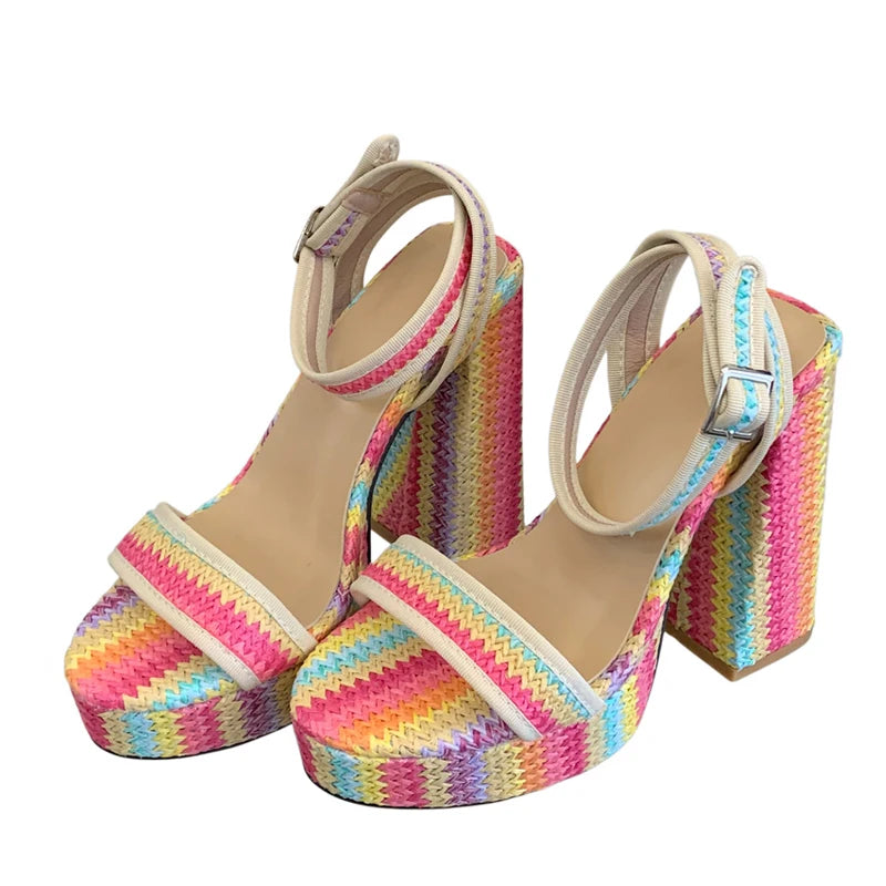 Women's Chunky Platform Sandals Open Toe Square High Heels Platform Heeled Sandals Axl Color 35
