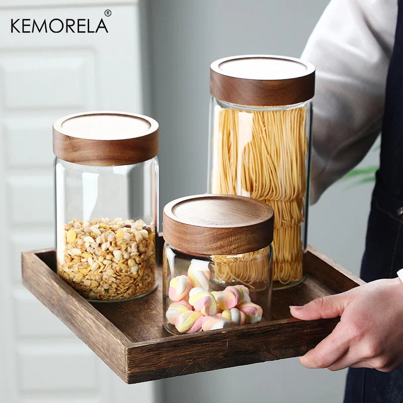 Glass Sealed Storage Jars with Wood Lid | Kitchen Organizer Glass Storage Jars Axl