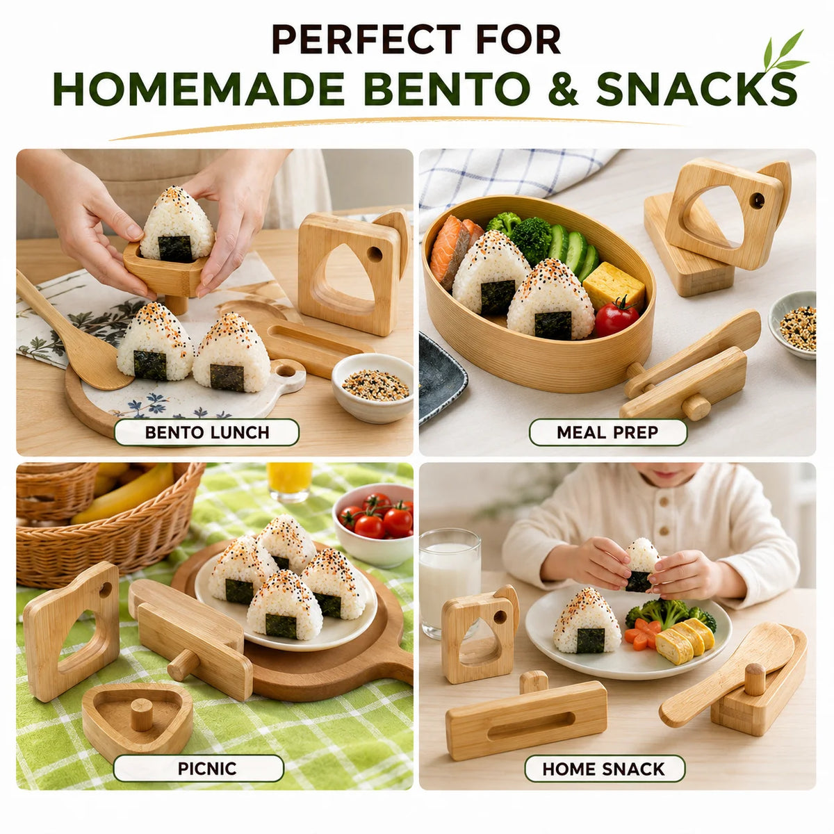 Natural Bamboo Onigiri Mold Set – 5-Piece Triangle Rice Ball Maker Sushi Mold Set Axl