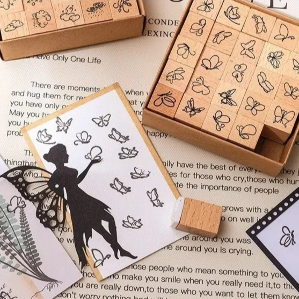 25-Piece Butterfly Flower Wood Rubber Stamp Set | DIY Craft Craft Stamp Set Axl
