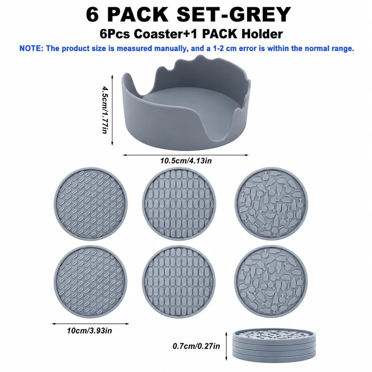 6-Pc Silicone Coasters Set with Holder & Dustproof Lid Silicone Coaster Set Axl 6 Pack Set- Grey