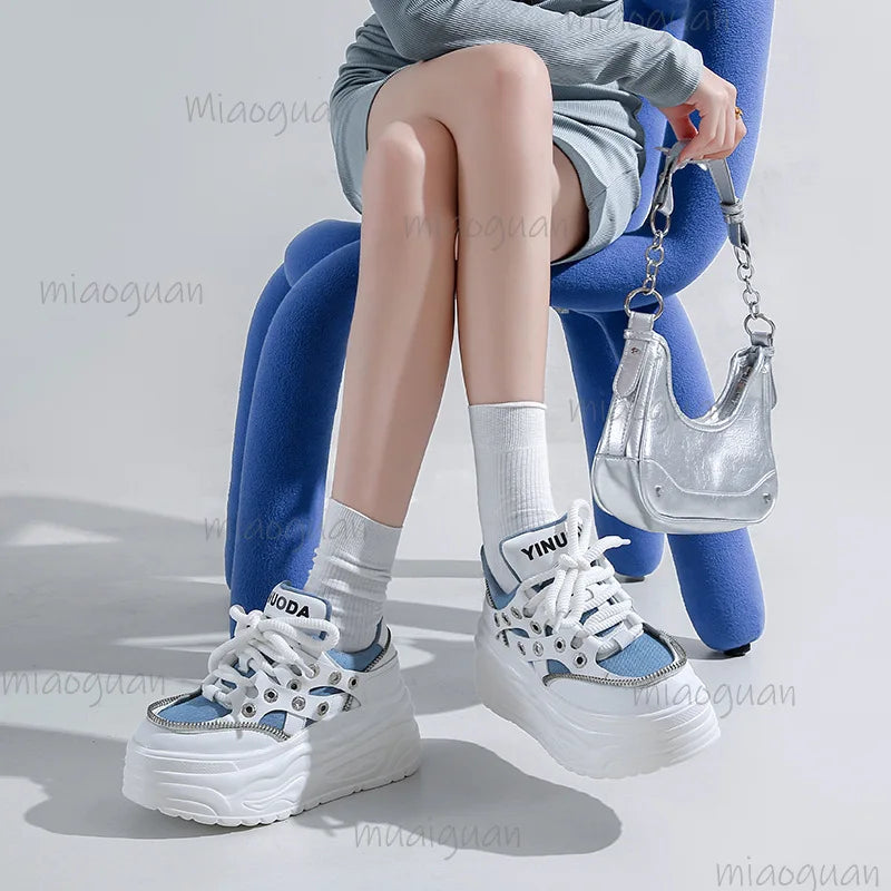 Women's 8CM Platform Chunky Sneakers – Rivet Lace-Up Shoes Platform Sneakers Axl