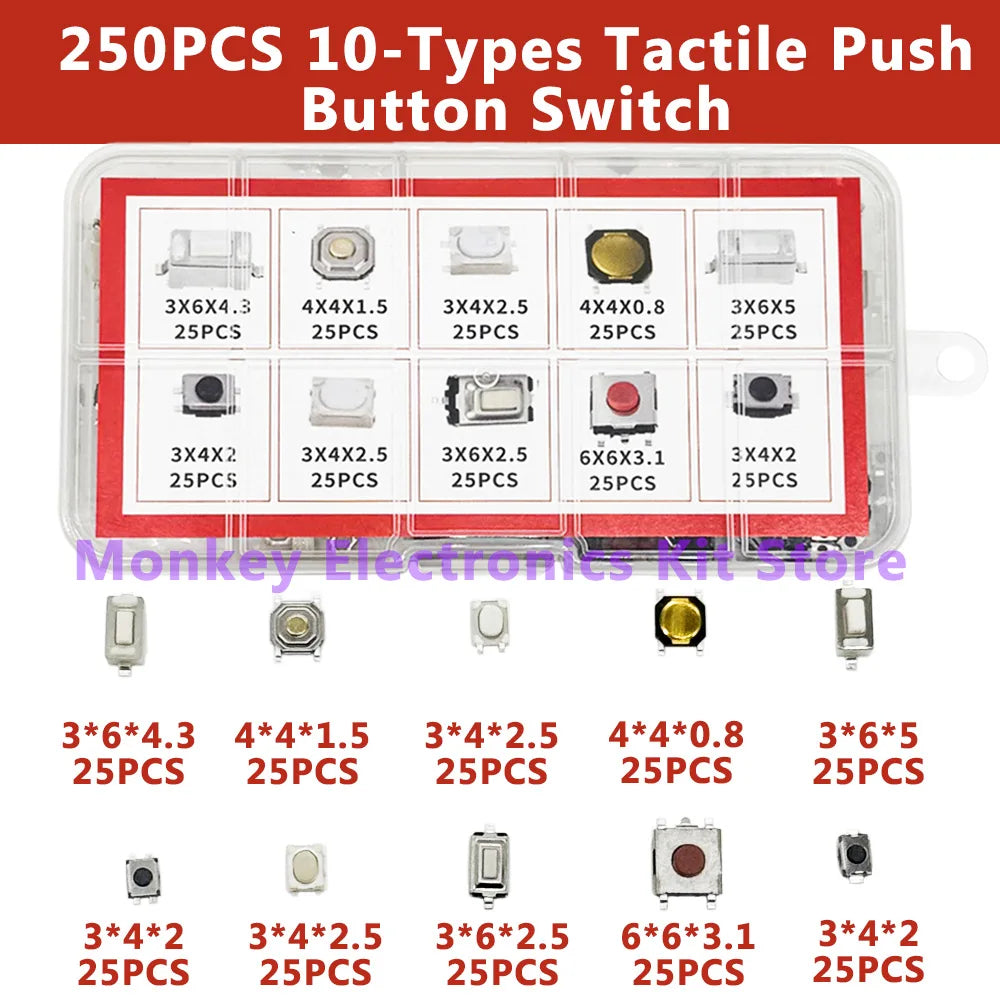 250PCS Tactile Push Button Micro Switch Set – 10 Types Micro Switch Kit Axl