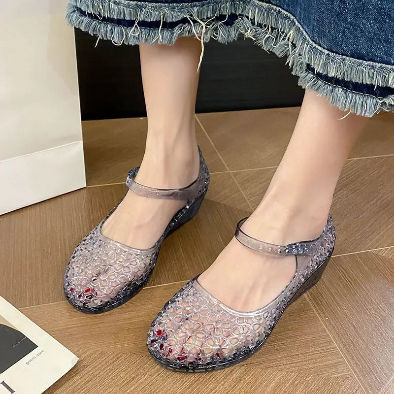 Glitter Jelly Mary Jane Wedge Sandals – Sparkly Ankle Strap Wedge Sandals Axl