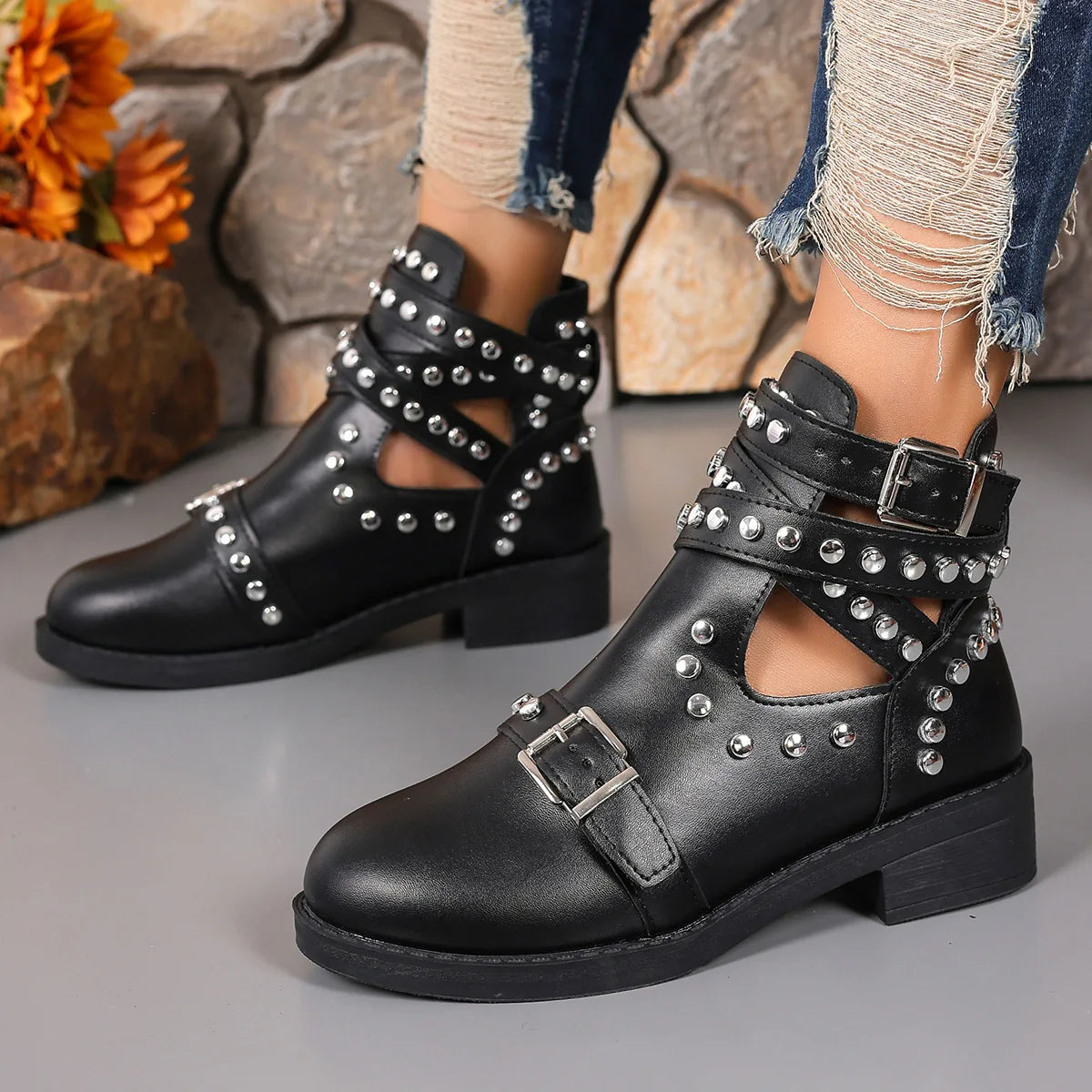 Women's Punk Ankle Boots – Black Rivet Buckle Strap Square Heel Women's Ankle Boots Axl black 39