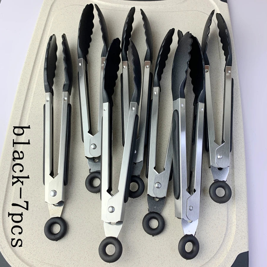 Stainless Steel Silicone Cooking Tongs – Anti-Slip BBQ Clip Kitchen Cooking Tongs Axl 7Pcs Black-885