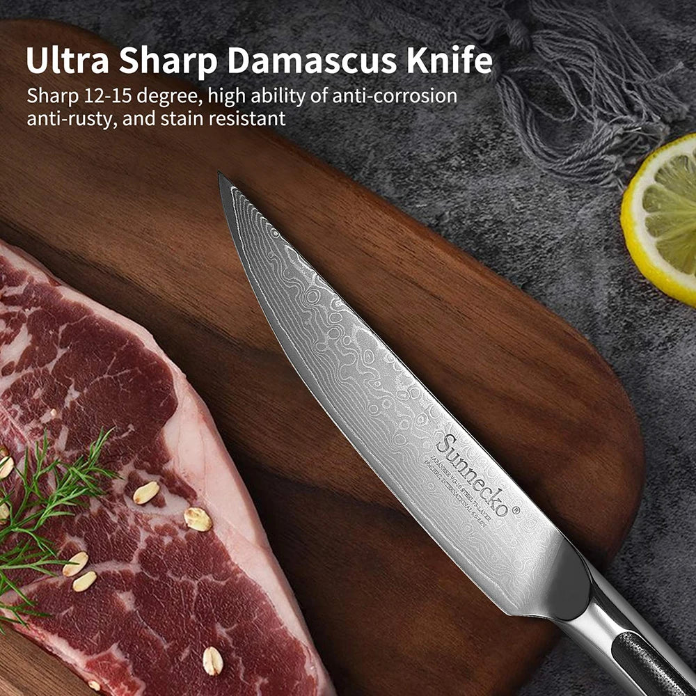 Sunnecko 5" VG10 Damascus Steel Steak Knife – HRC60+ Damascus Steak Knife Axl