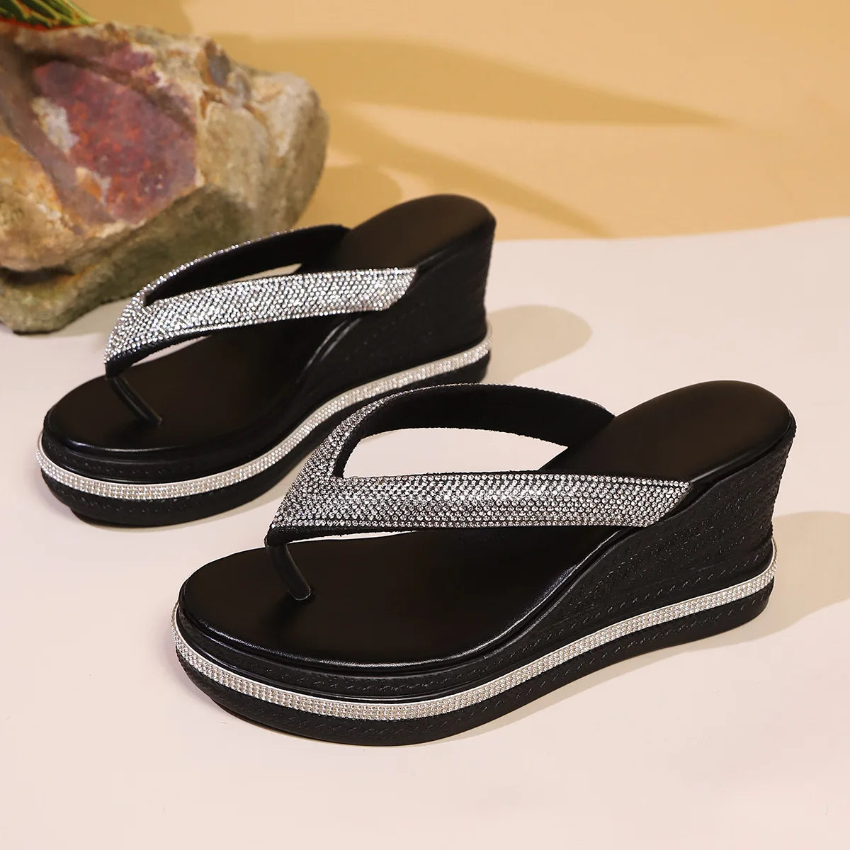 Women's Wedge Platform Flip Flops – Thick Sole Beach Slippers Wedge Flip Flops Axl Black 41