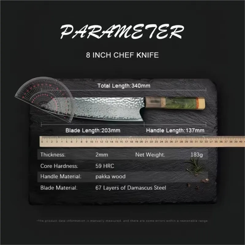 8-Inch Damascus Chef Knife – 67-Layer VG10 Steel Colored Wood Damascus Chef Knife Axl