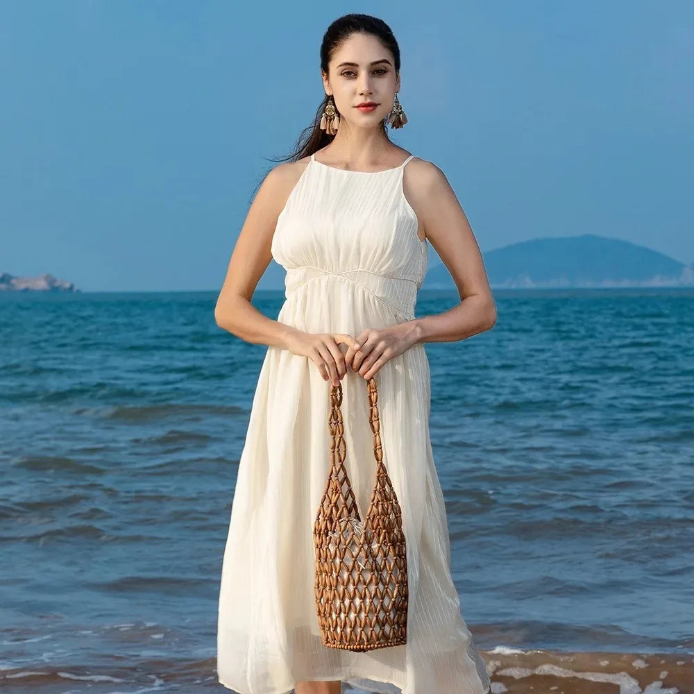 Women's Woven Wooden Bead Tote Bag – Hollow-Out Bucket Shoulder Woven Tote Bag Axl