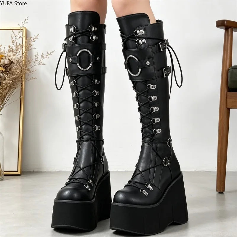Women's Gothic Wedge Platform Boots – High Heel Lace-Up Wedge Platform Boots Axl
