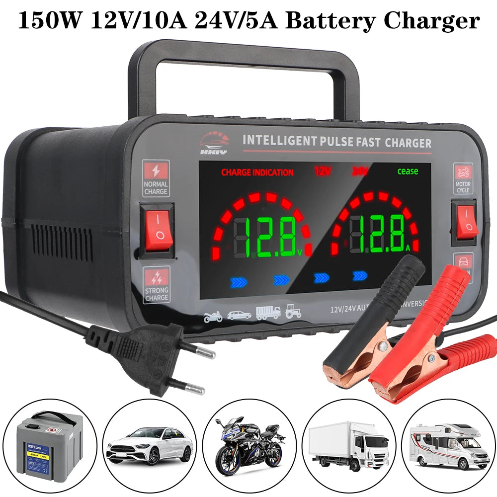 150W Automatic Car Battery Charger 12V 24V AGM GEL Lead Acid Car Battery Charger Axl