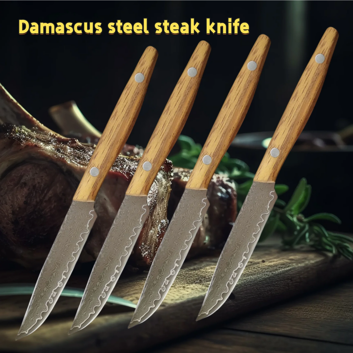 Damascus Steel Steak Knife – 67-Layer Blade & Wood Handle Damascus Kitchen Knife Axl