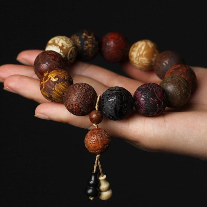 20mm Handmade Wood Carved Beaded Bracelet with Pendant | Unisex Beaded Wood Bracelet Axl