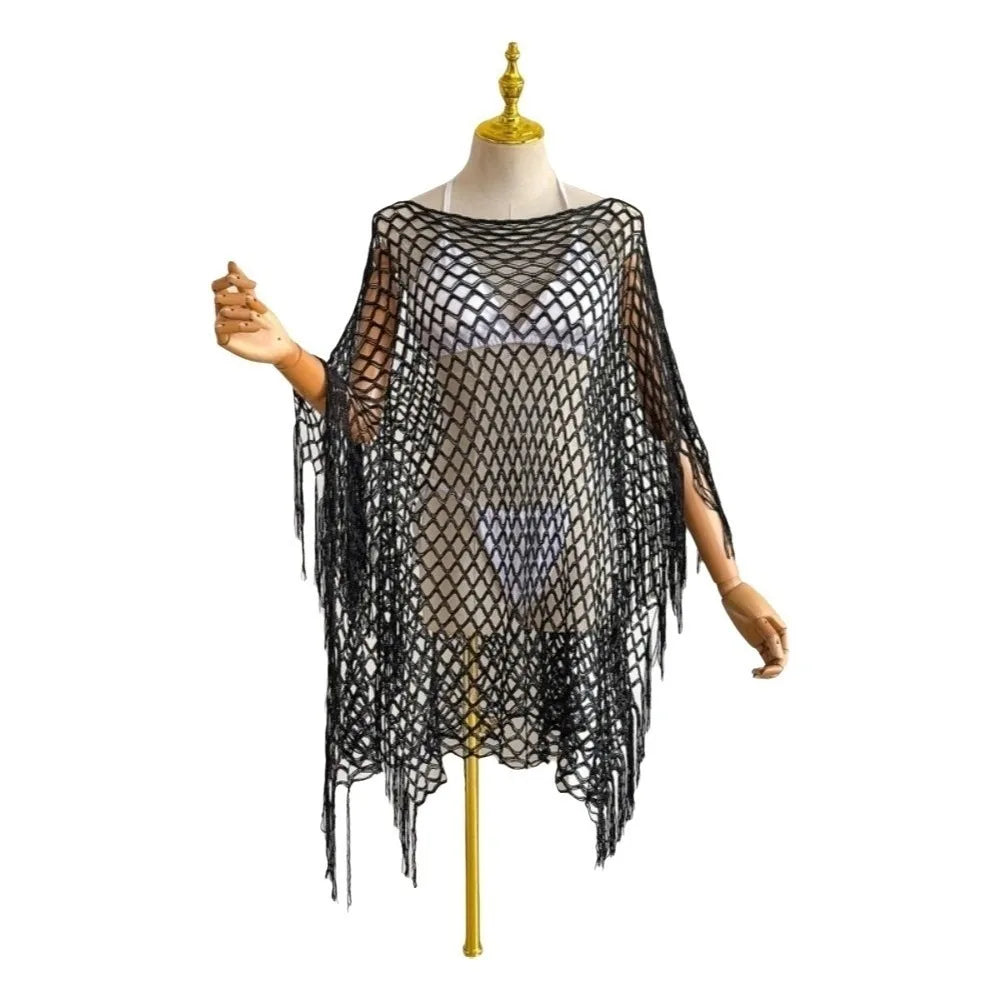 Boho Crochet Fishnet Swimsuit Cover-Up Tassel Shawl Swimsuit Cover-Up Axl Black One Size