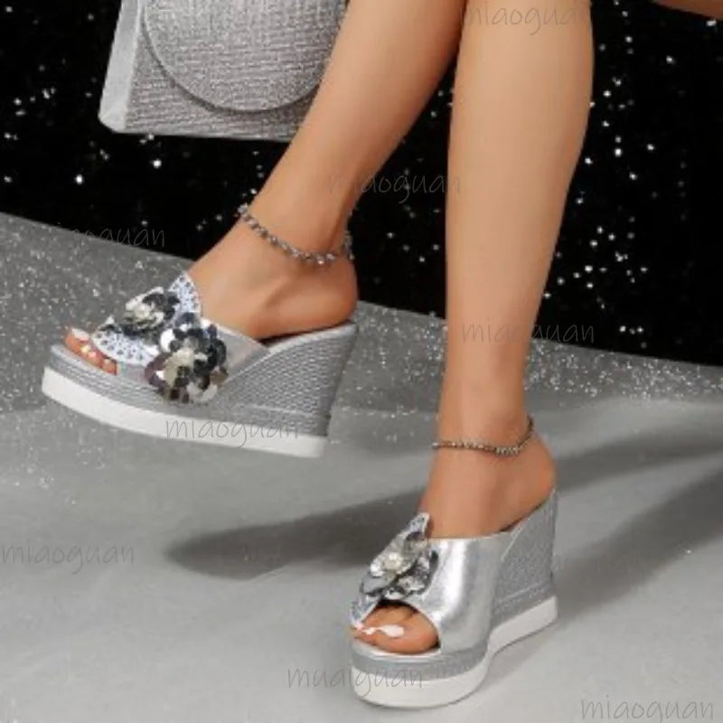 Plus Size Pearl Flower Wedge Slides – Women's Summer Shoes Wedge Slide Sandals Axl