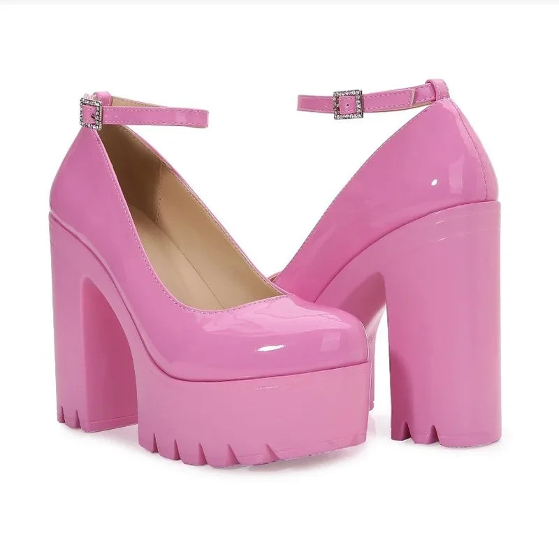 Pink Chunky Platform Pumps – Ankle Strap Square Heel Women Platform Pumps Axl
