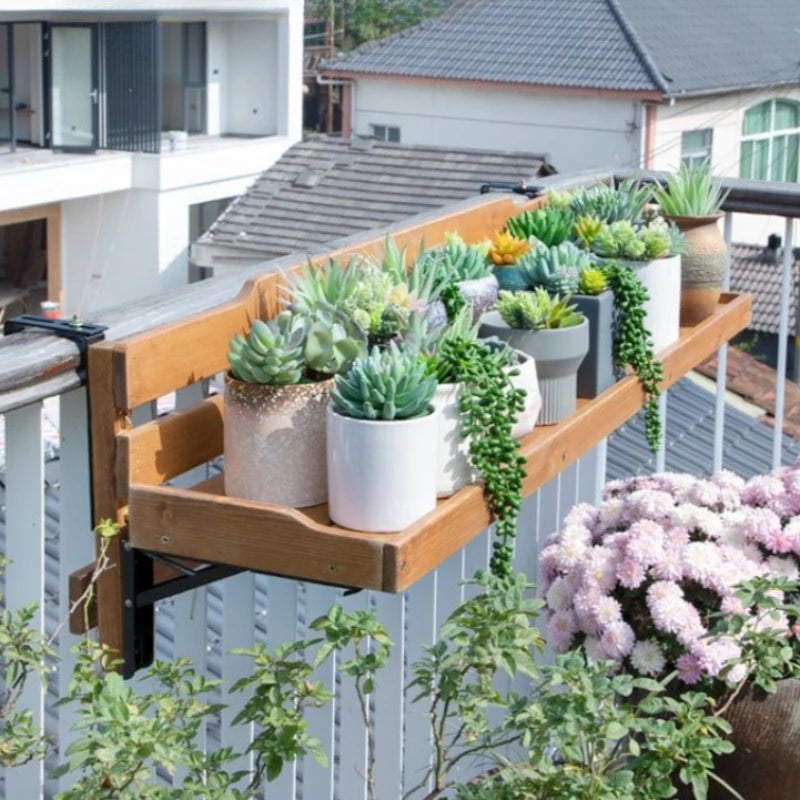 Foldable Balcony Railing Table & Flower Pot Rack – Wood Balcony Plant Stand Axl