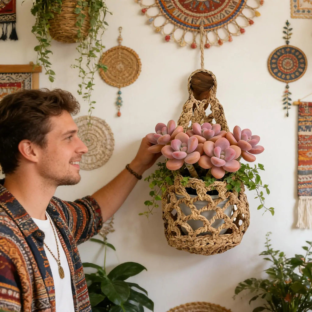Boho Macrame Wall Plant Hanger – Cotton Rope Woven Basket Hanging Plant Basket Axl