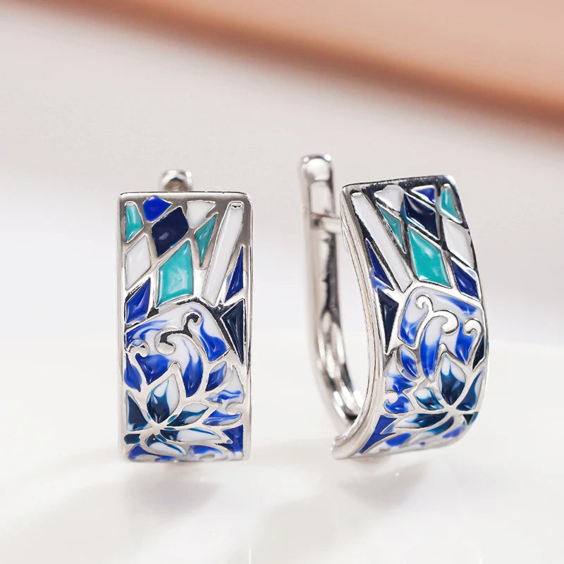 Huitan Blue Flower Hoop Earrings – Dainty Women's Jewelry Fashion Hoop Earrings Axl