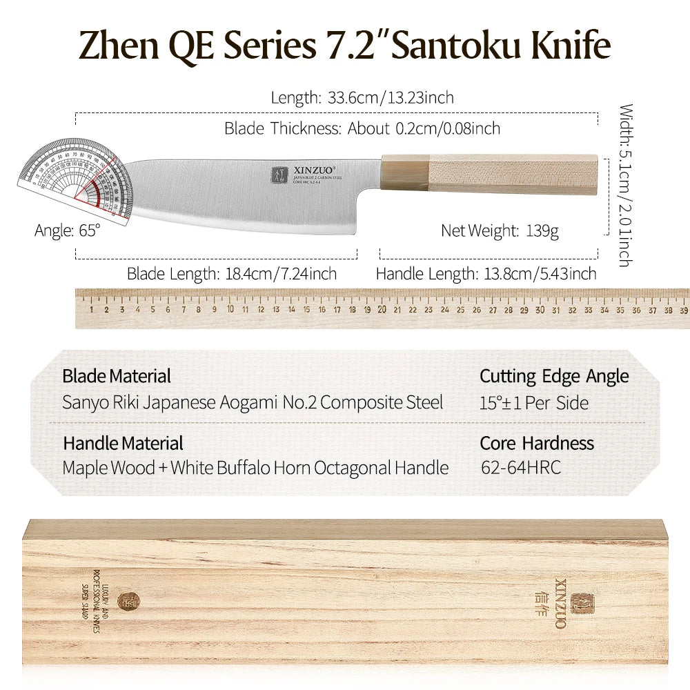 XINZUO Santoku Knife 7.24" Aogami No.2 Steel | Maple Horn Handle Japanese Santoku Knife Axl