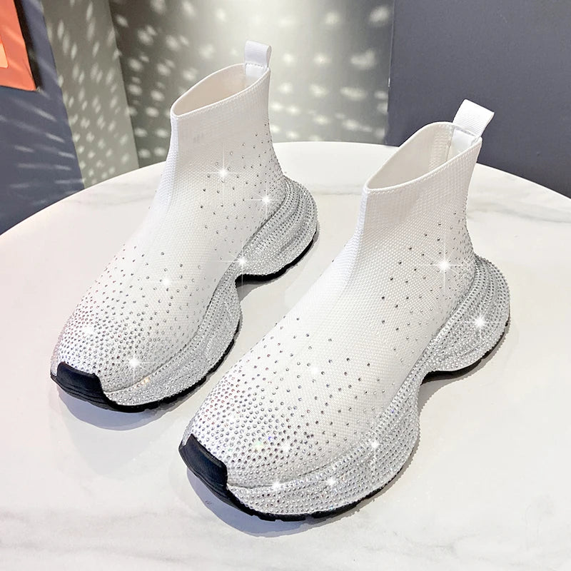 Women's Rhinestone Knit Wedge Mid-Calf Boots | Platform Sock Boot Platform Wedge Boots Axl