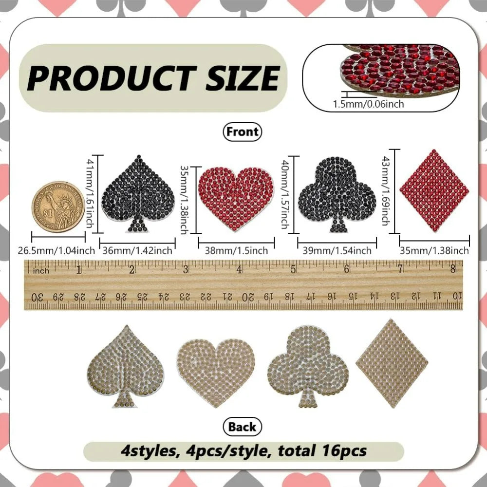 16 Pcs Playing Card Rhinestone Applique Patches – 4 Suit Designs Rhinestone Applique Patch Axl