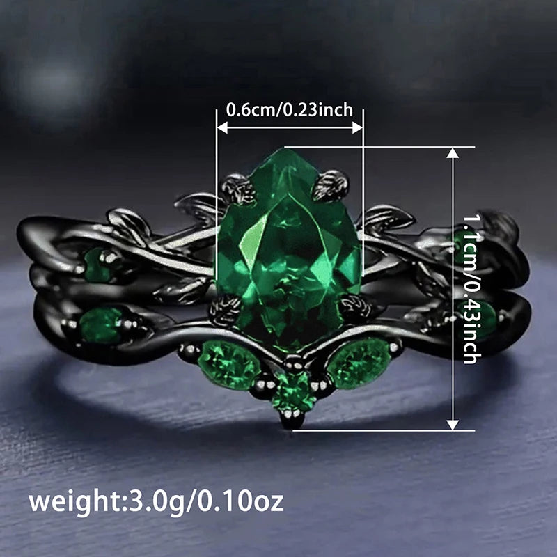 Huitan Black Plated Green CZ Leaf Ring Set – 2Pcs Vintage CZ Ring Set Axl