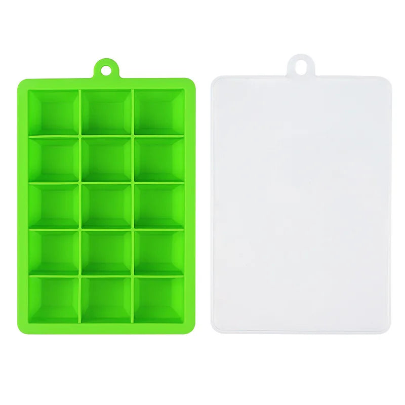 15-Grid Silicone Ice Cube Tray with Lid – Easy Release Mold Silicone Ice Tray Axl green S