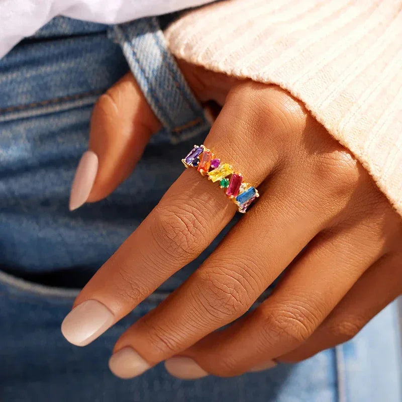 Huitan Rainbow CZ Ring – Dainty Geometric Women's Party Ring Fashion Ring Axl