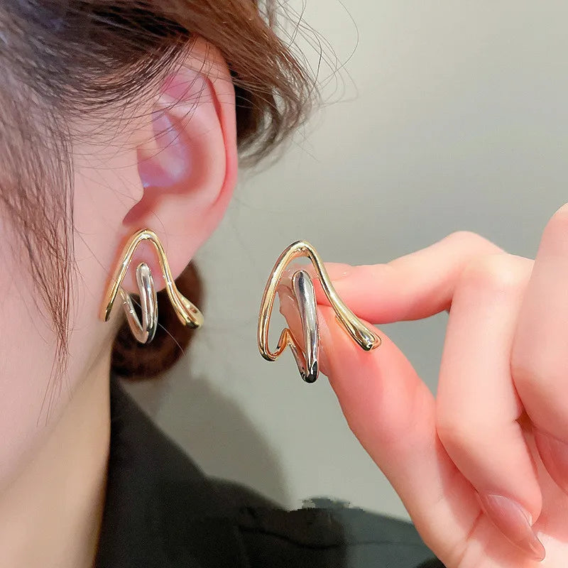 Huitan Two-Tone Metal Stud Earrings | Geometric Fashion Jewelry Stud Earrings Axl