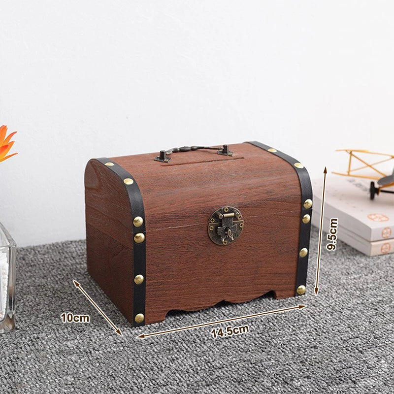 Vintage Wooden Treasure Chest with Lock | Piggy Bank & Decor Decorative Storage Box Axl A1