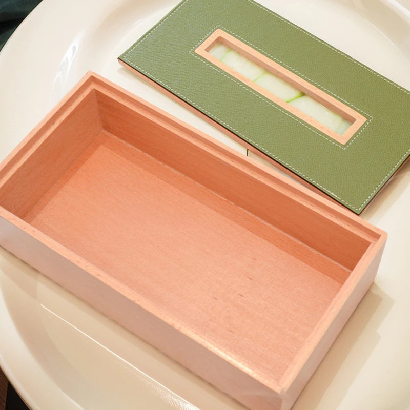 Luxury Wooden & Leather Tissue Box – Beech Desktop Organizer Tissue Box Organizer Axl