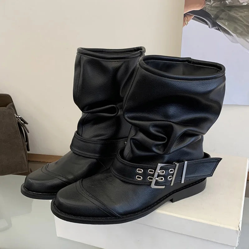 Women's Vintage Buckle Ankle Boots – Low Heel Round Toe Women's Ankle Boots Axl Black 39