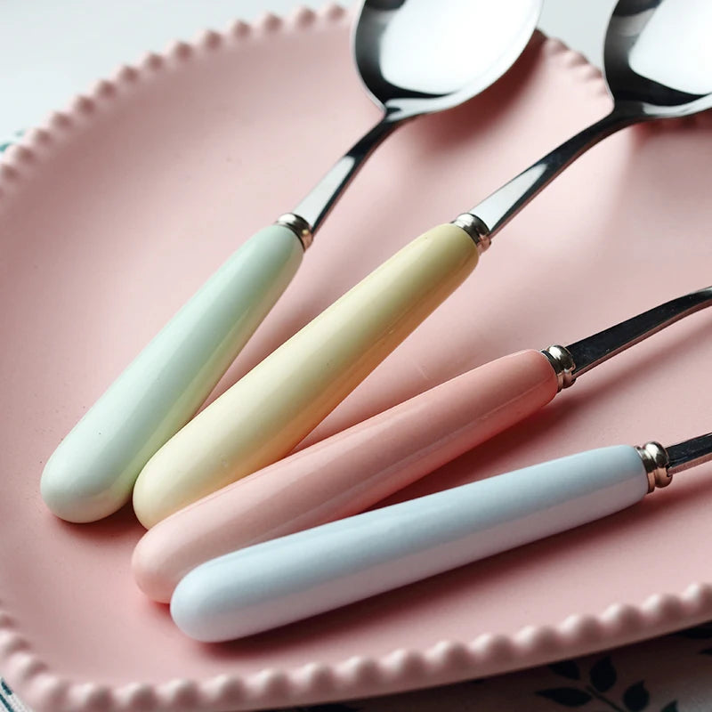 4-Piece Ceramic Handle Dessert Spoons – Stainless Steel Set Dessert Spoon Set Axl