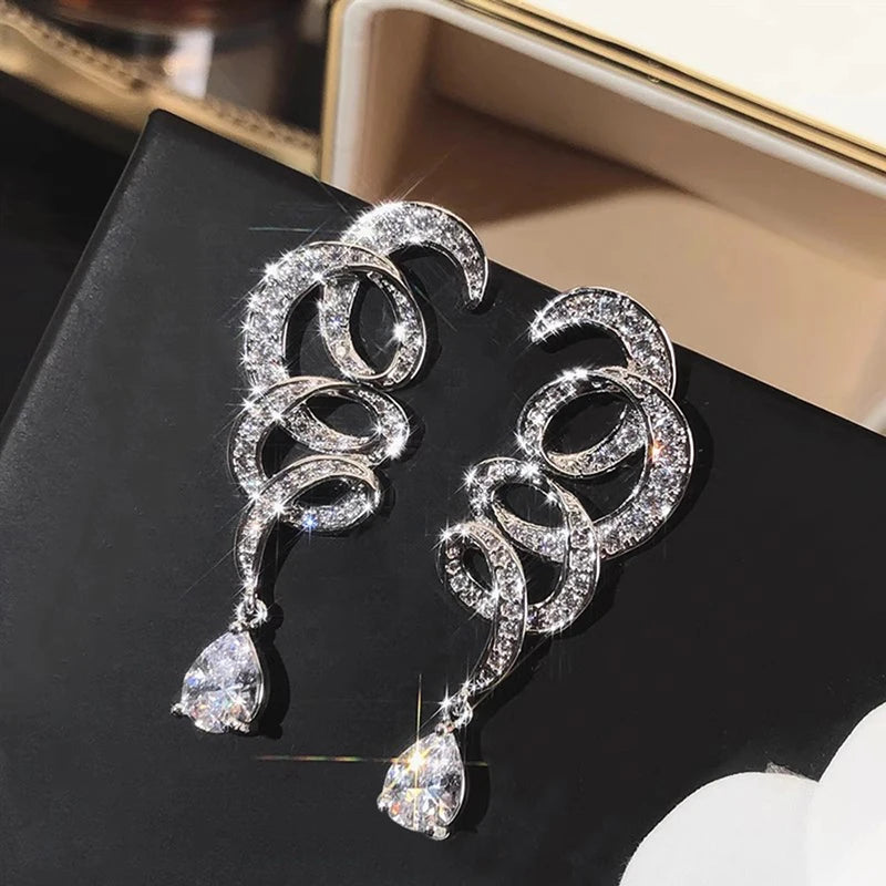Huitan Ribbon Drop Earrings | Cubic Zirconia Pendant Jewelry Drop Earrings Axl