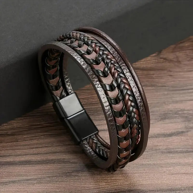 Men's Multilayer Braided Leather Wrap Bracelet | Magnetic Buckle Leather Wrap Bracelet Axl A3