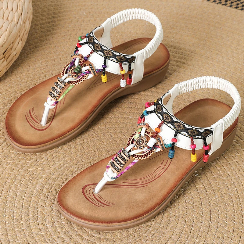 HAJINK Women's Bead String Flat Sandals – Low Wedge Summer Women's Flat Sandals Axl WHITE 42