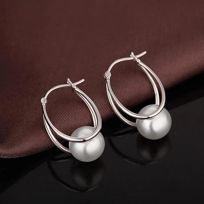Huitan Imitation Pearl Hoop Earrings – Silver Fashion Jewelry Pearl Hoop Earrings Axl