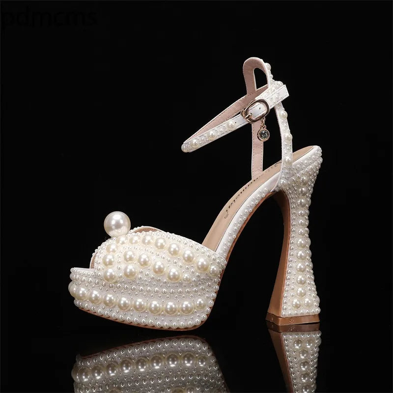 Women's 14cm Rhinestone Pearl Peep Toe High Heel Wedding Pumps High Heel Pumps Axl