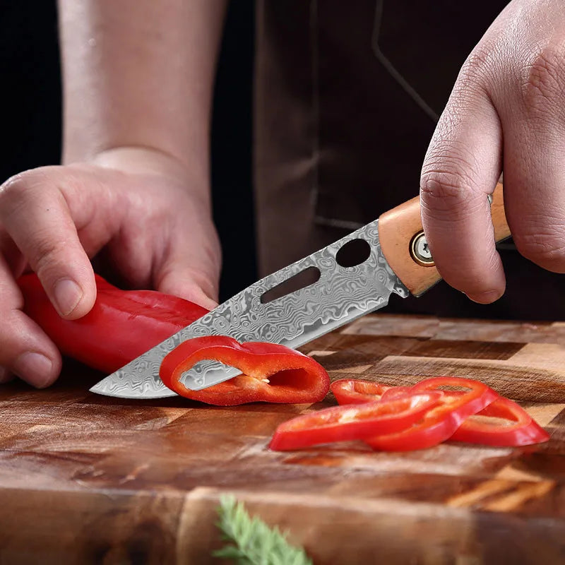 Damascus Steel Folding Knife – Sharp Wood Handle Kitchen Knife Folding Kitchen Knife Axl