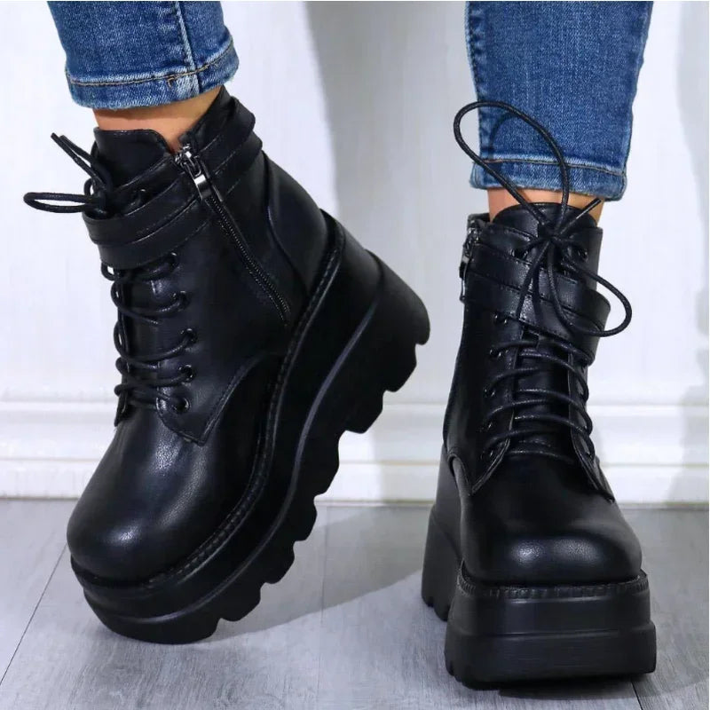 Gothic Black Platform Ankle Boots – Chunky Heel Women's Booties Platform Ankle Boots Axl